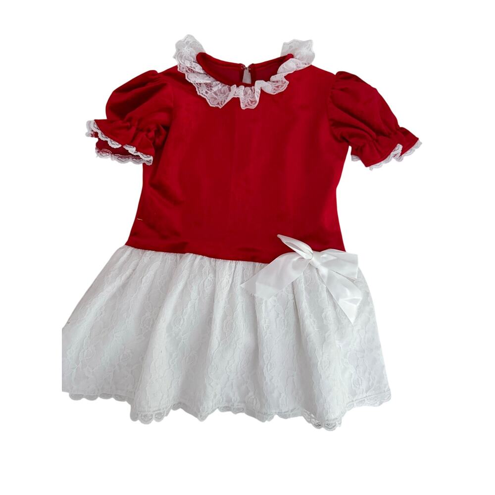Vintage Michelle Lynn Girls Size 5 Red Velvet White Lace Christmas Dress USA